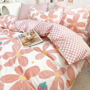 sets Kawaii Bedding Set Kids Adult Flat Sheet Duvet Cover Pillowcase Single Double Full Size Bed Linen Floral Cherry Home Textile