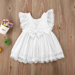 Abiti per ragazze 0-5y GIODI RAGAZZE Abito bianco Abbigliamento estivo per bambini Bambini in pizzo con arco con volant a una linea per bambini casual principessa abito 2404