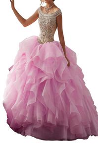 يمكن تخصيص حجم فساتين Quinceanera Pink Tutu الكبار من طوق حزام الظهر ملفوفًا في حقيبة فستان شاش
