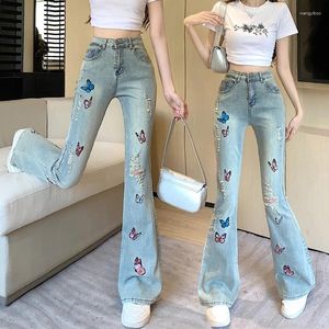 Jeans femininos 2024 Garota picante vento usado bordado com cintura alta e calças longas e esbeltas versáteis da moda para mulheres