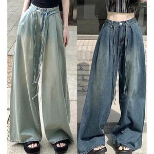 Women's Jeans Retro Drawstring Straight Leg Women Summer Blue Washed Distressed Jean High Waist Lace-up Loose Drape Casual Mopping Pants