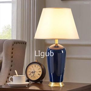 Floor Lamps Ceramic Table Lamp Room Decor American Light Luxury Bedroom Bedside Living Dark Blue Remote Control Desk