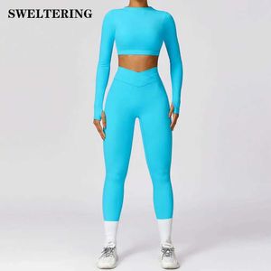 Women's Tracksuits Yoga set 2PCS fitness suit sportswear yoga set womens fitness walking sports bra fitness leg exercise long sleeved crop top 240424