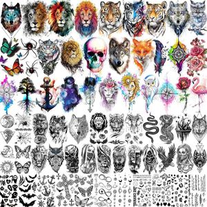 Tatueringsöverföring 66 ark 3D akvarell djur tillfälliga tatueringar för kvinnor män tatuering papper falsk uggla lejon varg tiger orm tatoos långvarig 240426