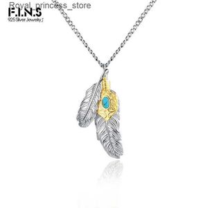 Pendant Necklaces F. I.N.S Original S925 Pure Silver Natural Turquoise Feather Pendant Temperature Color Collision Chain Exquisite Jewelry Q240426