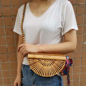 Drawstring Fashion Bamboo Braided Bag Handmade Woven Crossbody Bags Semi-circle Handbags Basket(With Scarf)