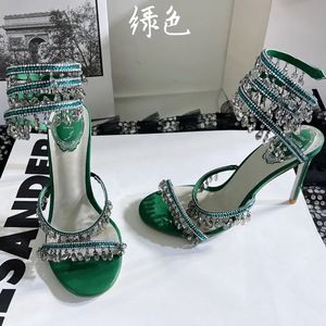 Sandały na pięcie stiletto Rene Caovilla Designer Obcasy Crystal Lampa Wisior Rhinestone Twining Foot Pierścień Wysokie obcasy Buty damskie wąskie opaskę 10 cm pięty sandał039