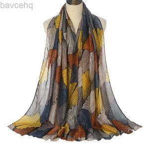 Szale 2023 Spring Fashion Ginkgo Biloba Flroal Viscose Scalf Lady Print Voile Shawls and Ovraps Pashmina Faulards muzułmański hidżab 180*80cm D240426