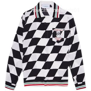 Casablanca 22ss Grand Prix black white checkerboard sculpture silk long sleeved shirt251I