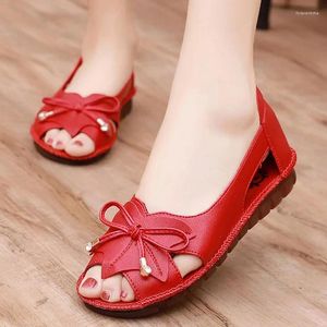 Buty swobodne Lorilury Red Bowtie Peep Peep Stop Sandals Kobiety oddychane skórzane Moccasin Kobiety kobiety Eleganckie duże rozmiar 41 42