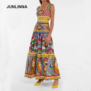 Suits JUNLINNA Women's Two Piece Sicily Set Beach Holiday Summer Spaghetti Strap Crop Top+Ankle Length Skirt Vintage High Street Wear