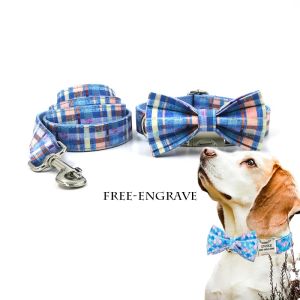 Collars Blue lattice Designer Dogs Colorful Gorgeous Pet Breathable Fabric Collar Traction Rope Bow custom name engrave Many Kinds