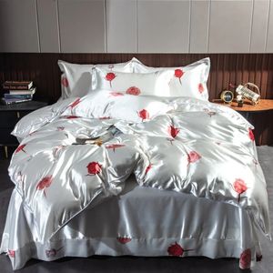 Red Rose Druck Bettwäsche Set super weiches silky Satin weiße Bettdecke Abdeckung ausgestattete Bettblech Kissenbezug Matratzenabdeckung Home Textiles 240422