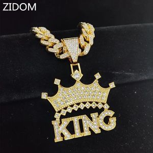 Men Hip Hop Crown with King Pendant Necklace 13mm Crystal Cuban Chain HipHop Iced Out Bling Necklaces Fashion Charm Jewelry 240429