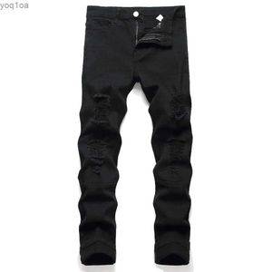 Jeans masculinos Mens Black Elastic Jeans de Lápis Menores de Joelho Lágrima Jeans Jeans de Motocicleta Dobrada Jeansl2404