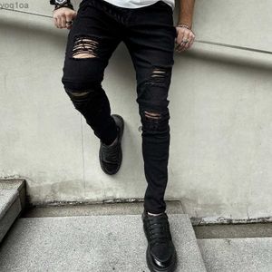 Мужские джинсы Mens New Street Hip Hop Style Tear Tear Cencil Jeans Mens Fashion Slim Fit Hole Casual Jeansl2404