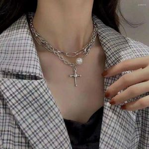 Choker imprezowy biżuteria łańcuch szyi z Pearl Cross Wiselant podwójnie warstwowy naszyjnik koreański