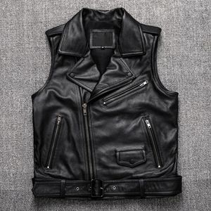 Coletes masculinos Black Motorcycle Biker Leather Men Men Genuine Oblique Zipper Jackets sem mangas de alta qualidade