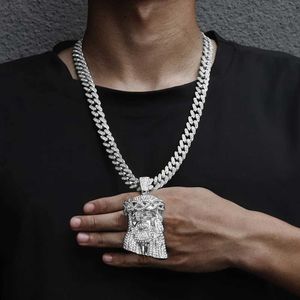 Strands Iced Out Jesus Christ Head Charm pendant rhinestone necklace with 13mm Miami Cuban Link chain hip-hop style suitable for both men and womens gifts 240424