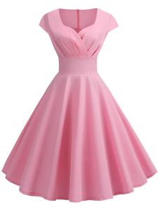 Vestido de verão rosa Mulheres V Neck Vintage Robe elegante Retro Pin Up Office Midi Dresses 240408