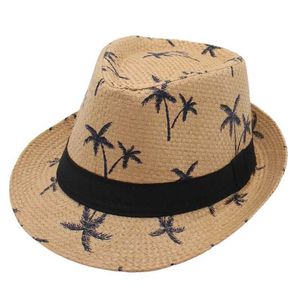 Wide Brim Hats Bucket Hats Classic Black Ribbon Decoration Str Fedora Hat Spring/Summer Holiday Beach Panama Hat Womens Hat Coconut Tree Travel Pattern C J240425