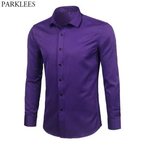 Skjortor Purple Men's Bamboo Fiber Dress Shirt 2023 Helt ny Slim Fit Long Sleeve Chemise Homme Non Iron Easy Care Formell skjorta för män