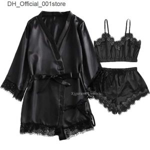 Sexy Set Black sexy womens pajamas satin 4 piece lace silk pendant top shorts pajama set Q240426