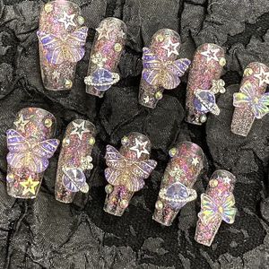Handmade Purple Glitter Rhinestone Butterfly unha falsa com cola Bling Press On UNILS Y2K Coffin reutilizável Falso unhas Dicas Presente 240425