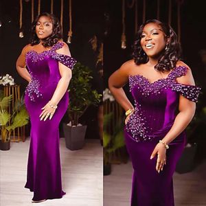 Mermaid Arabic Aso Ebi Purple Prom Dresses Pearls Satin Evening Formal Party Second Reception Birthday Engagement Gowns Plus Size YD