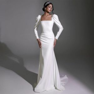 Vintage długa kwadratowa szyja sukienki ślubne syrena białe vestido de novia zadaszone guziki tylne pociąg ślubny suknie ślubne dla kobiet