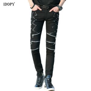 Штаны Idopy Fashion Slim Fit Pants Punk Style Black Patchwork кожаные молнии танце