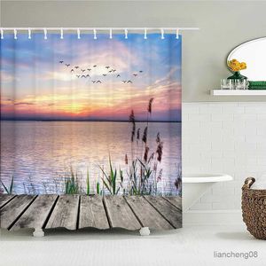 Tende per doccia Sunlight Sun Ocean Beach Tessuto tende per doccia tende da bagno Tende tramonto Mare Mano di grandi dimensioni 300x180 cm Schermo da bagno con 12 ganci