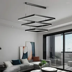 Chandeliers Modern Square Led Chandelier For Living Room Dining Kitchen Bedroom Black Rectangle Ceiling Pendant Lamp Hanging Light