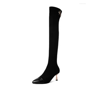 Boots Mstyle Chain Decor Suede Leather Women's Over-the-Knee High Cap-Toe Metal Thin Heel Stretch Pull On Handmade Elastic Boot