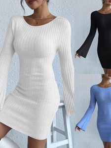 Casual Dresses Sexy Open Back Woolen Skirt Bell Sleeve Knitted Tight Dress Women Sweater