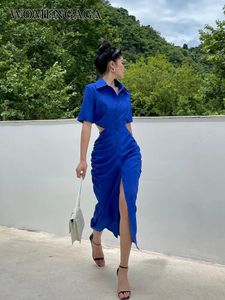 Partykleider Womengaga Kurzarm Polo Neck Hemd Kleid elegante Frauen 2024 Hollow Out Taille Design Langes Korean Sweet 8gnm