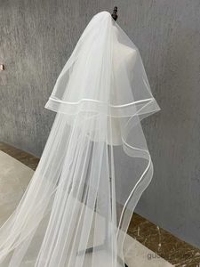 Bröllopshår smycken 2t bröllopslöja med kamlångt brudslöjor Simple Ribbon Edge Bride Veil Two Layer