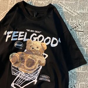 Original American Retro Teddy Bear Print Short Sleeved tshirt For Women Men Couple Fashion Label Harajuku Pure Cotton Tee 240417