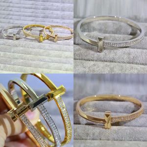 European New American Men's and Women's Titanium Steel Carved T-letter Inlaid Double Row Diamond Bracelet in 3 Colors Original Quality
