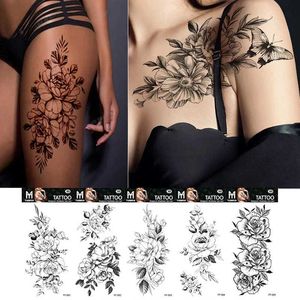 Tattoo Transfer Sexy Black Flower Temporary Tattoos For Women Thigh Men Fake Moon Rose Compass Fake Tatoos Forearm Arm Sleeve Tattoo Stickers 240427