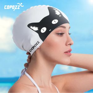 Tillbehör Copozz Waterproof Silicone Swimming Cap Långt hår Professional Kvinnor Swim Hat Ear Protection Water Sport Swimming Cap Cap