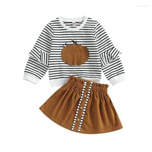 Одежда наборов Pudcoco Kid Girl Halloween 2pcs Outfit Stripe Pumpkin Ruffled Tops Tops Tops a-line Set Set Осенняя одежда 3-7t