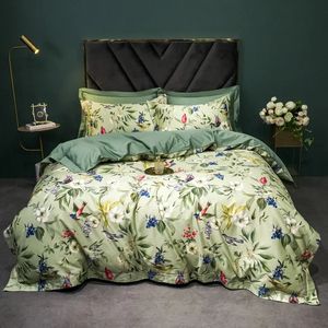 Luxury American Style 1400tc Satin Egyptisk bomull Floral Bird Printing Bedding Set Soft Däcke Cover Bed Sheet Pillow Cases 240422