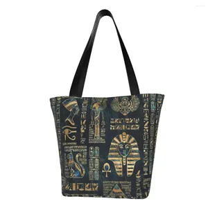Shopping Bags Recycling Egyptian Hieroglyphs And Deities Bag Women Shoulder Canvas Tote Durable Groceries Shopper