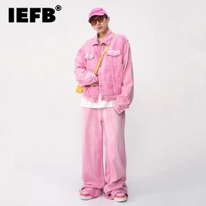 IEFB 트렌디 한 한국 남성 분홍색 색상 세트 단색 옷깃 데님 재킷 코트 넓은 다리 직선 청바지 캐주얼 2 조각 9A8557 240416