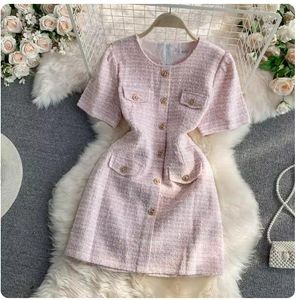 New Women's Summer Fashion Moda de manga curta Tweed Woolen Single Basted A-Line Solid Color Slim Dress ML