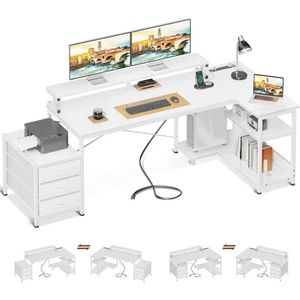 Tala de mesa mesa de computador em forma de L com soquete de energia e 3 gavetas Pesquisa de mesa e mesa de redação para o quarto Branco de 79 polegadas móveis de escritório 240426