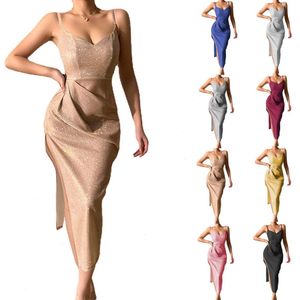 Spring Glitter Sexy Deep V Strap Dress Split Elegant For Women 1612