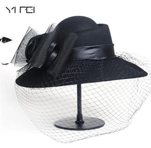 Kvinnor Wool Floral Veil Netting Feather Wide Brim Derby Hat Floppy Hat Fedoras Formell tillfälle Dance Party Summer Beach Hat Y1905204299291