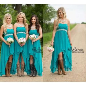 One Pcs Hunter Country Style Short Chiffon Dresses Modest Western Strapless Beaded Sash Hi-lo Maternity Bridesmaid Gowns under 100 2024